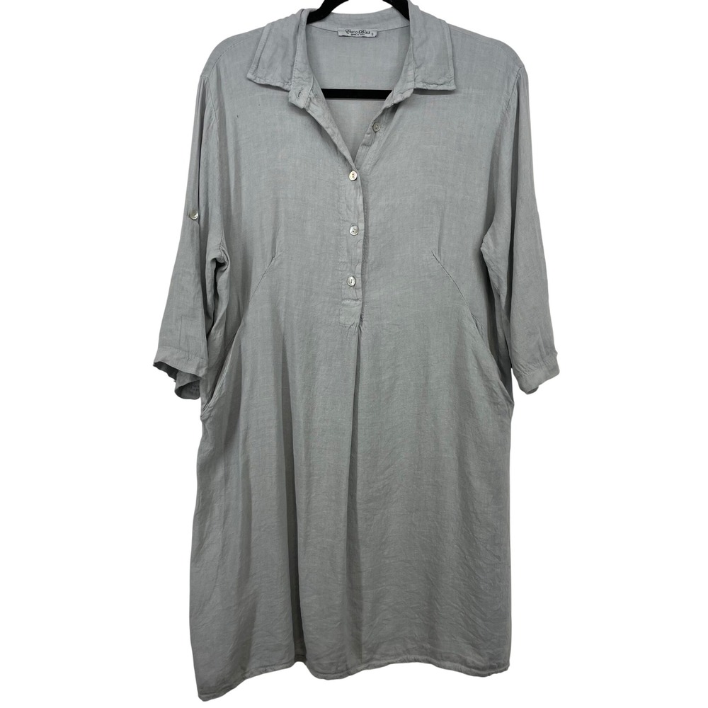 Elena‎ Baldi Italy Size S Gray 100% Linen Roll Tab Sleeve Midi Dress Pockets